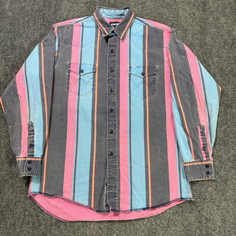 Vintage Wrangler Brushpopper Shirt Mens 16.5-34 Black Pink Striped Rodeo Cowboy